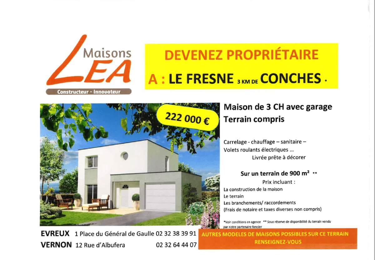 Annonce maison + terrain conches